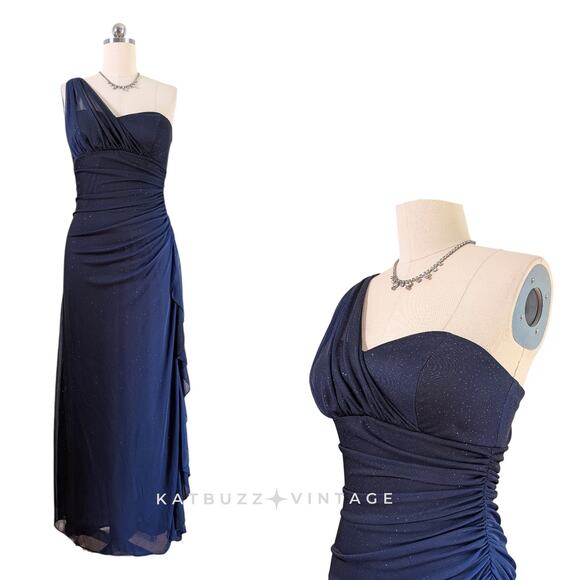 Vintage Nites Prom Dress Maxi Gown 12 Blue Ombre Y2K Fairy Shoulder Ruffle Glam - Picture 1 of 11